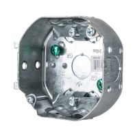 Arani 54151-LB octagon box, 1-1/2 in deep, side mount bracket, front view with cable clamps and grounding screws in floor