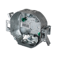 Arani 54151-LD octagon ceiling box, 1-1/2 in deep, swing-arm brackets, three-quarter view with two swing-arm brackets folded out
