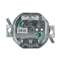 Arani 54151-LD octagon ceiling box, 1-1/2 in deep, swing-arm brackets, front view: clamps with brackets on both sides