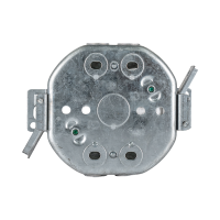 Arani 54151-LD octagon ceiling box, 1-1/2 in deep, swing-arm brackets, rear view with brackets flanking the closed back