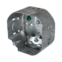 Arani 54171-L octagon junction box, 2-1/8 in deep, NMD90, three-quarter view with cable clamp in the box floor