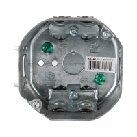 Arani 54171-L octagon junction box, 2-1/8 in deep, NMD90, front view with grounding screws and cable clamps