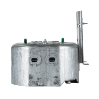 Arani 54171-LB octagon ceiling box, 2-1/8 in deep, side mount bracket, side view with tall bracket beside side knockouts