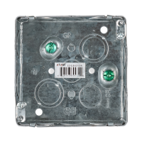 Arani 52151-K square junction box, 1-1/2 in deep, knockouts, front view with concentric back knockouts and grounding screws