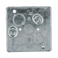 Arani 52151-K square junction box, 1-1/2 in deep, knockouts, rear view with two dimpled grounding screw bosses