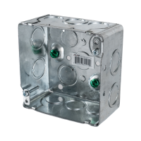 Arani 52171-K square junction box, 2-1/8 in deep, knockouts, three-quarter view: deep box with knockouts on all walls