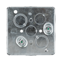 Arani 52171-K square junction box, 2-1/8 in deep, knockouts, rear view with five back knockouts and two grounding bosses