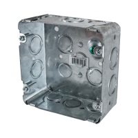 Arani 72171-K 4-11/16 in square junction box, 2-1/8 in deep, knockouts, three-quarter view with grounding screw