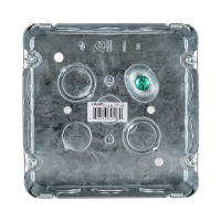 Arani 72171-K 4-11/16 in square junction box, 2-1/8 in deep, knockouts, front view with grounding screw beside barcode label