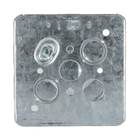 Arani 72171-K 4-11/16 in square junction box, 2-1/8 in deep, knockouts, rear view with grounding screw in a raised oval