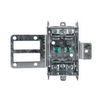 Arani 2104-LSSAX 1-gang steel stud device box, 2-1/2 in deep, AC90, front view with two grounding screws between clamps