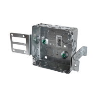 Arani 52151-KSSX square steel stud box, 1-1/2 in deep, knockouts, three-quarter view with grounding screws and knockouts