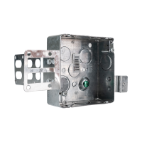 Arani 52151-KSSX square steel stud box, 1-1/2 in deep, knockouts, three-quarter view with stud bracket plate face-on