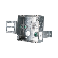 Arani 52151-KSSX square steel stud box, 1-1/2 in deep, knockouts, three-quarter view: open interior with bracket clip