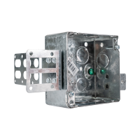 Arani 52171-KSSX-1 square steel stud box, 1 in drywall, 2-1/8 in deep, three-quarter view with stud bracket plate face-on