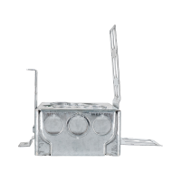 Arani 52171-KSSX-1 square steel stud box, 1 in drywall, 2-1/8 in deep, side view with three round knockouts across side wall