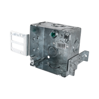 Arani 52171-KSSX square steel stud box, 2-1/8 in deep, knockouts, three-quarter view with grounding screw