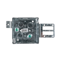 Arani 52171-KSSX square steel stud box, 2-1/8 in deep, knockouts, front view with grounding screws on the deep interior floor