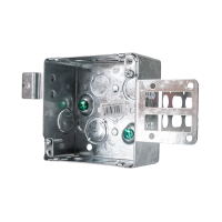 Arani 52171-KSSX square steel stud box, 2-1/8 in deep, knockouts, three-quarter view with stud bracket plate face-on at right