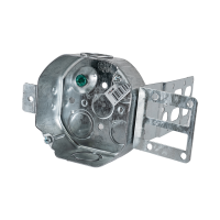 Arani 54151-KSSX octagon steel stud box, 1-1/2 in deep, knockouts, three-quarter view with octagonal interior