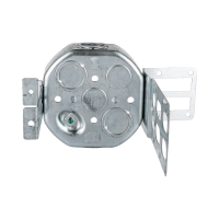Arani 54151-KSSX octagon steel stud box, 1-1/2 in deep, knockouts, rear view with octagon back knockouts and grounding dimple