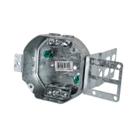 Arani 54151-LSSAX octagon steel stud box, 1-1/2 in deep, AC90, three-quarter view: open interior with bracket folded out