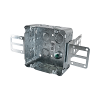 Arani 72171-KSSX 4-11/16 in square steel stud box, 2-1/8 in deep, three-quarter view with conduit knockouts across side wall