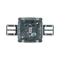 Arani 72171-KSSX 4-11/16 in square steel stud box, 2-1/8 in deep, front view with floor knockouts and grounding screw