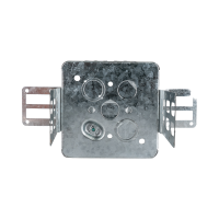Arani 72171-KSSX 4-11/16 in square steel stud box, 2-1/8 in deep, rear view with flat back exterior covered in knockouts