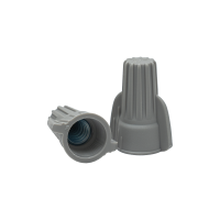 Two Arani TC-18-8-GR-V2 grey twist-on wire connectors, open end showing internal spring