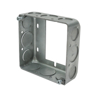 Arani ED-EXS-53151-SUB-K 4 in square steel box extension ring, three-quarter view with 1/2 in and 3/4 in knockouts and mounting 