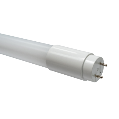4 ft T8 LED tube, 18 W, 5000 K, angled view of frosted lens and white G13 bi-pin end cap