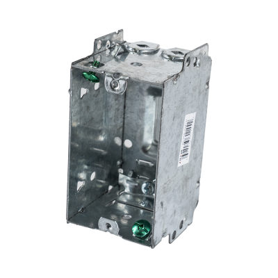 Arani ED-NGB-2004-LH one-gang steel device box shown at an angle with its open front, internal cable clamps and side mounting br