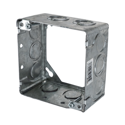 Arani 53171-K square box extension, 2-1/8 in deep, knockouts, three-quarter view with corner clamp screws and top knockouts