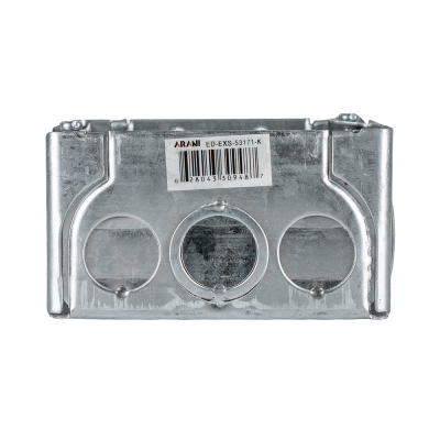 Arani 53171-K square box extension, 2-1/8 in deep, knockouts, side view with barcode label above three side knockouts