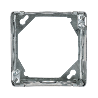 Arani 53171-K square box extension, 2-1/8 in deep, knockouts, front view: four corner ears with mounting screws