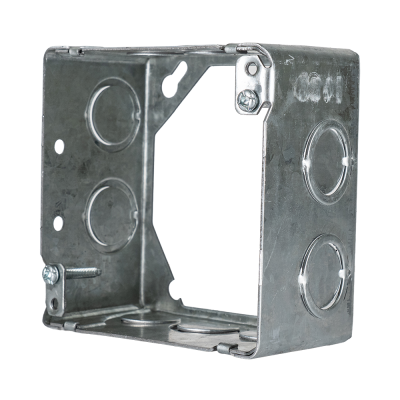 Arani 53171-K square box extension, 2-1/8 in deep, knockouts, three-quarter view with corner clamp screw and bottom knockouts