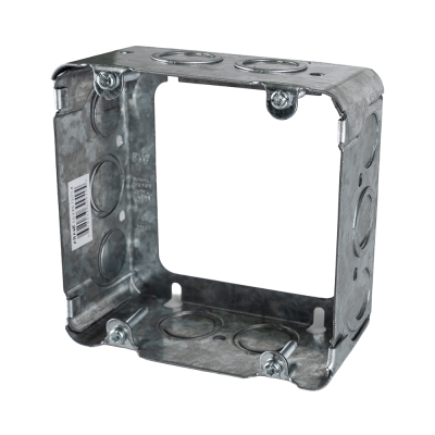 Arani 73171-K 4-11/16 in square box extension, 2-1/8 in deep, three-quarter view with white cable clamps along bottom floor