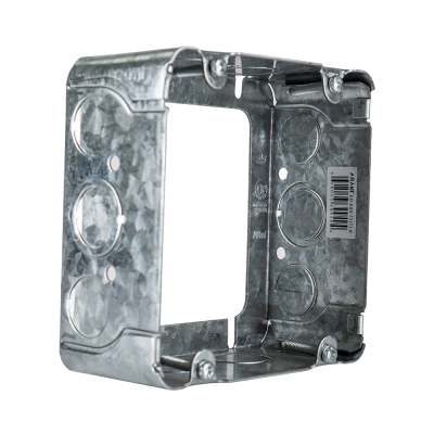 Arani 73171-K 4-11/16 in square box extension, 2-1/8 in deep, rear three-quarter view with SKU label and corner clamp screws