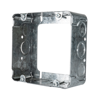 Arani 73171-K 4-11/16 in square box extension, 2-1/8 in deep, rear three-quarter view with large exterior knockouts