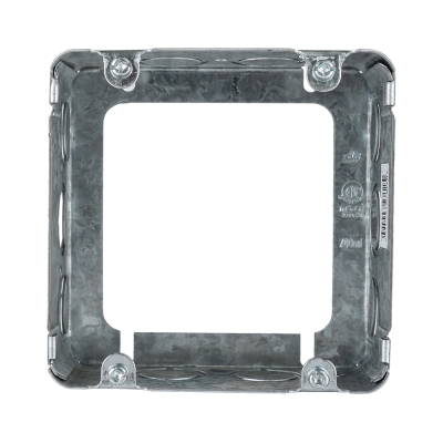 Arani 73171-K 4-11/16 in square box extension, 2-1/8 in deep, front view with four corner clamp screws around opening
