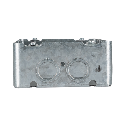 Arani 73171-K 4-11/16 in square box extension, 2-1/8 in deep, side view: two knockouts with white clamp tabs
