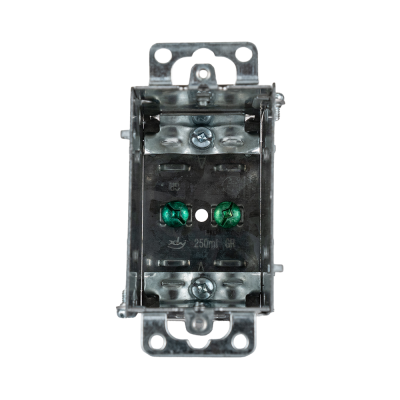 Arani 1004-L gangable device box, 3 in deep, NMD90, ears, front view with two green grounding screws inside
