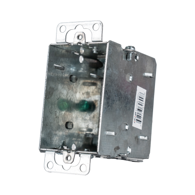 Arani 1004-L gangable device box, 3 in deep, NMD90, ears, rear three-quarter view with SKU barcode label on rear panel