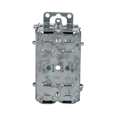 Arani 1004-L gangable device box, 3 in deep, NMD90, ears, rear view with clamp slots and green grounding screws