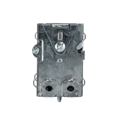 Arani 1004-L gangable device box, 3 in deep, NMD90, ears, side view with clamp screw and octagonal end knockouts