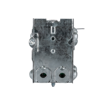 Arani 1004-LH gangable device box, 3 in deep, NMD90, no ears, side view with clamp screw and octagonal end knockouts