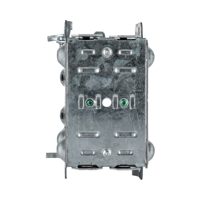 Arani 1004-LH gangable device box, 3 in deep, NMD90, no ears, rear view with clamp slots and green screw tips