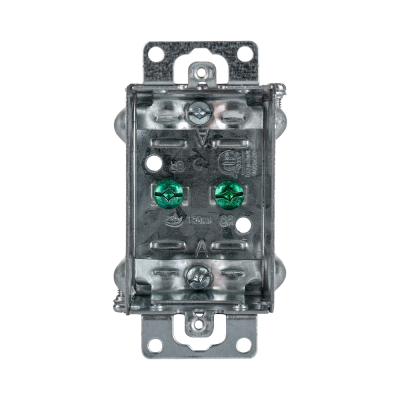 Arani 1100-L gangable device box, 1-1/2 in deep, NMD90, ears, front view with two green grounding screws between clamps