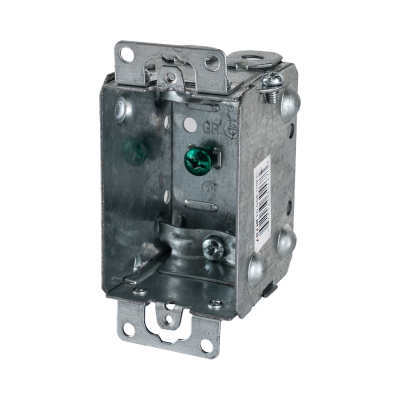 Arani 1102-L gangable device box, 2 in deep, NMD90, ears, three-quarter view with green grounding screw and internal clamp